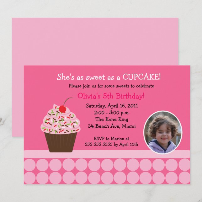 Cupcake Birthday Photo Template Invitations (Front/Back)