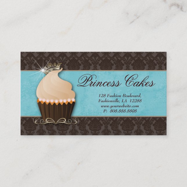 Cupcake Business Card Crown Blue Brown Damask (Front)