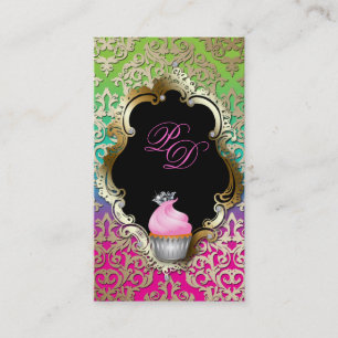 Cupcake Business Card Elegant Damask Pink Green