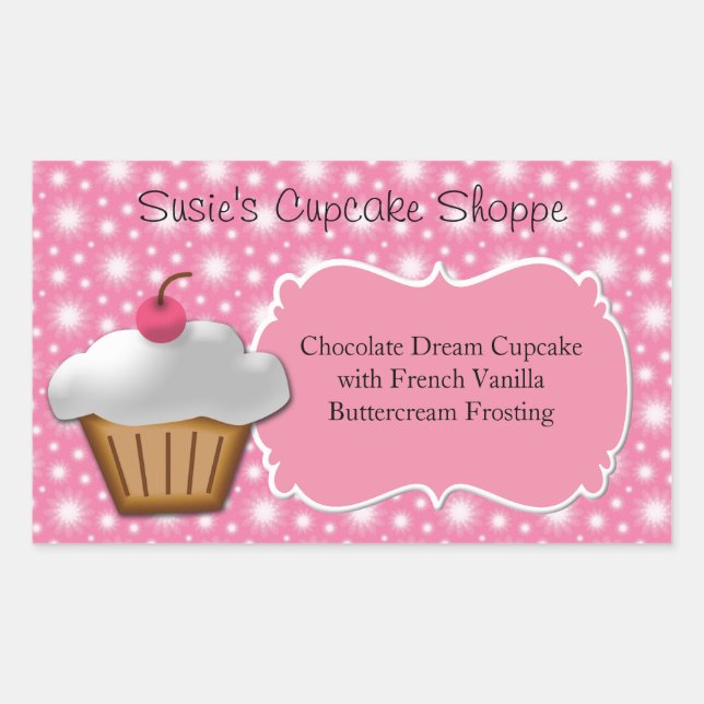Cupcake Business or Box Label, Pink and White Rectangular Sticker (Front)