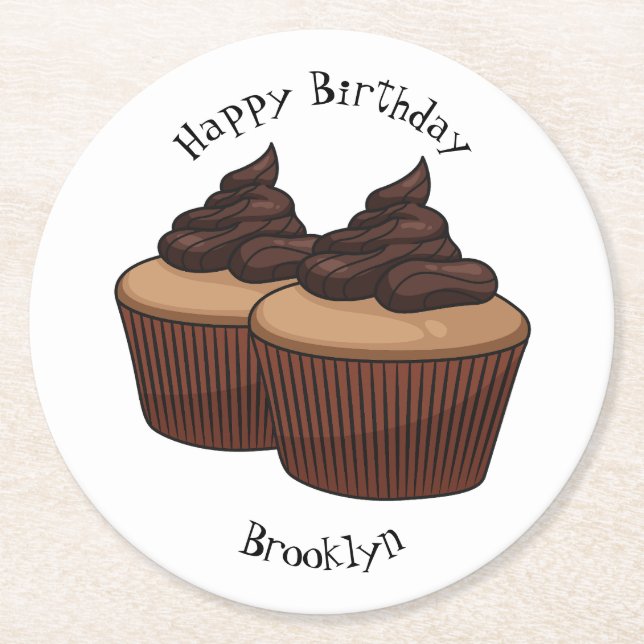Cupcake cartoon illustration round paper coaster (Front)