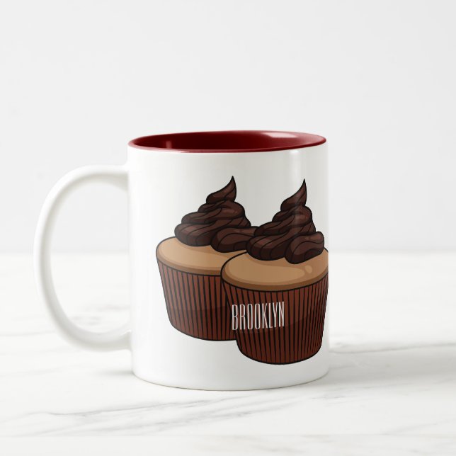 Cupcake cartoon illustration Two-Tone coffee mug (Left)