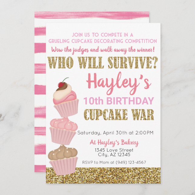 Cupcake Challenge Baking Pink & Gold Birthday Invitation (Front/Back)