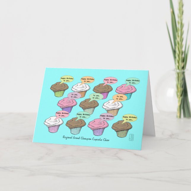 Cupcake Choir on Blue Birthday Card (Front)
