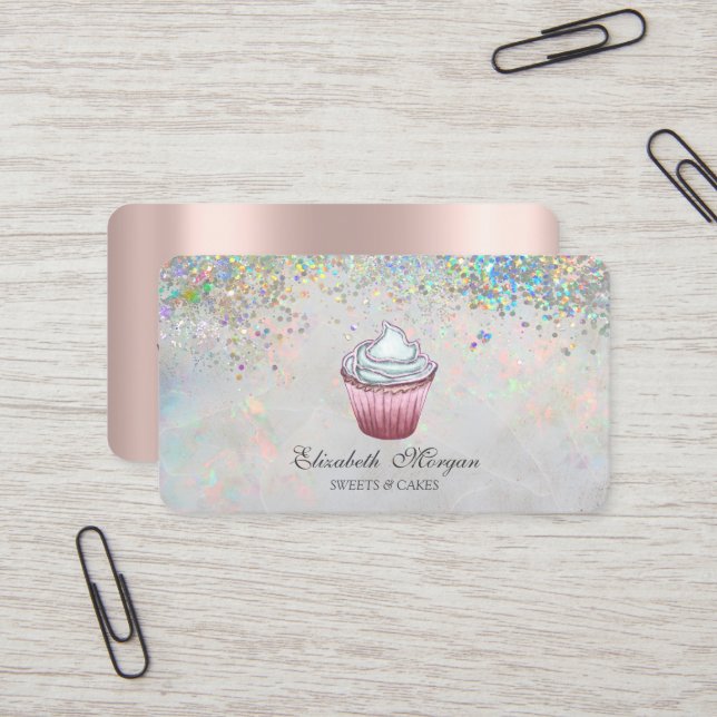 Cupcake Colourful Confetti Holographic Business Card (Front/Back In Situ)