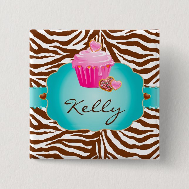 Cupcake Cookie Bakery Zebra Name Tag Button (Front)