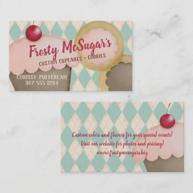 Cupcake cookies retro argyle bakery business card (Front/Back)