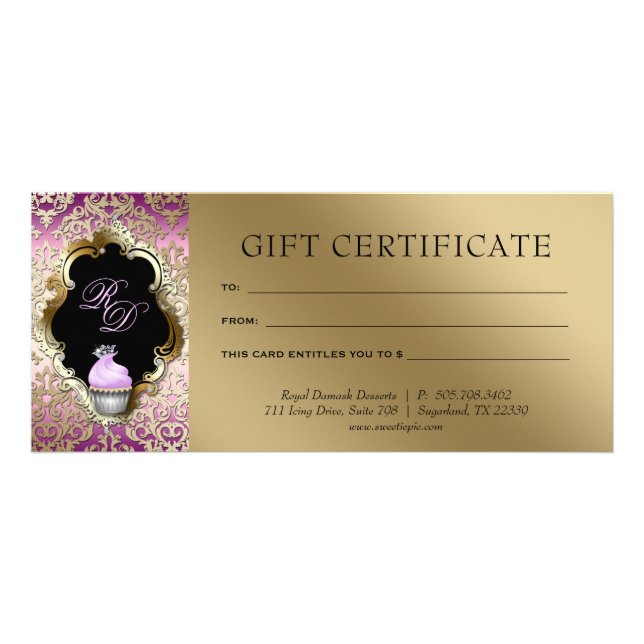 Cupcake Damask Gift Certificate Purple Gold (Front)
