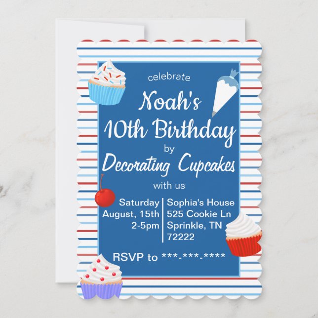 Cupcake Decorating Birthday Invitation Red Blue (Front)