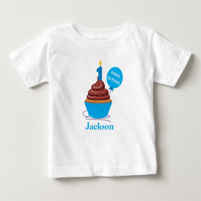 Cupcake First Birthday Tshirt blue Personalised (Front)