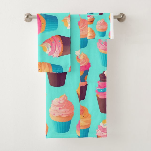 Cupcake Geometric Colourful Personalised Pattern Bath Towel Set (Insitu)