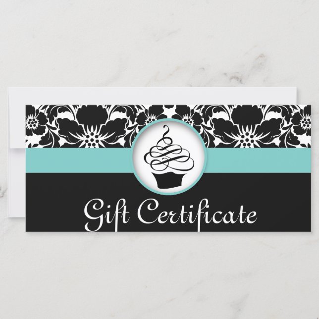 Cupcake Gift Certificate Floral Damask Blue Black (Front)