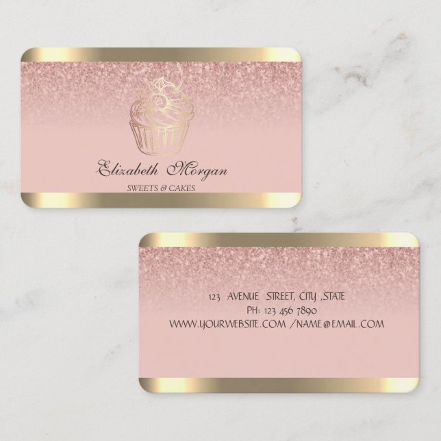 Cupcake Gold Stripe Bakery Rose Gold Glitter Business Card (Front/Back)