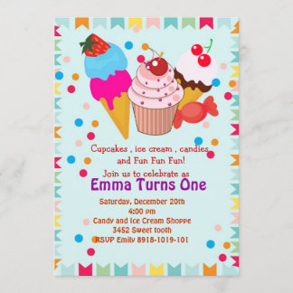 Cupcake icecream candy birthday party invitation