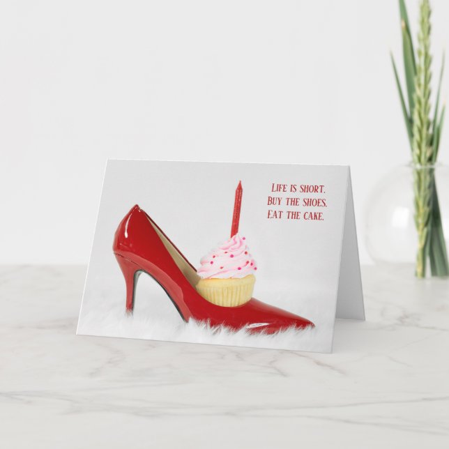 cupcake in red shoe on white fur card (Front)