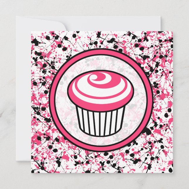Cupcake Invitation - Pink & Black Paint Splatter (Front)