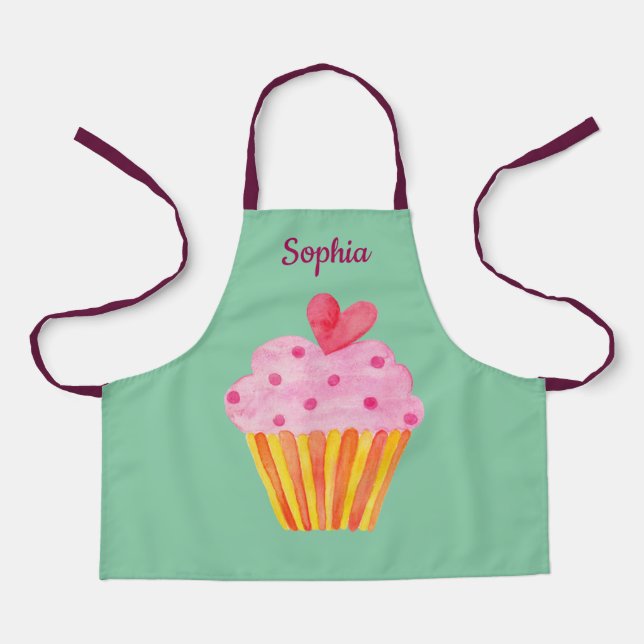 Cupcake Kids NAME baking apron watercolor (Front)