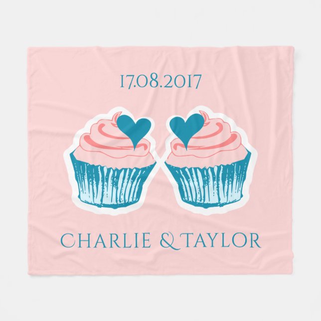 Cupcake Love custom text couple's fleece blanket (Front (Horizontal))