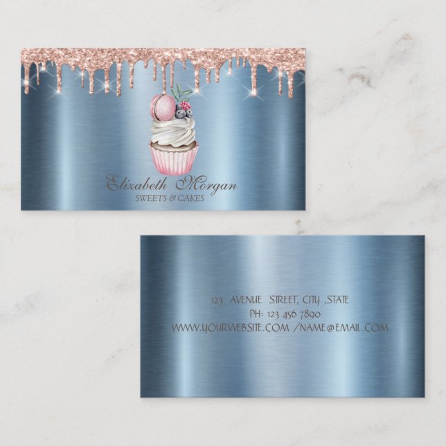 Cupcake Macaroon Glitter Drips Blue Metallic Business Card (Front/Back)