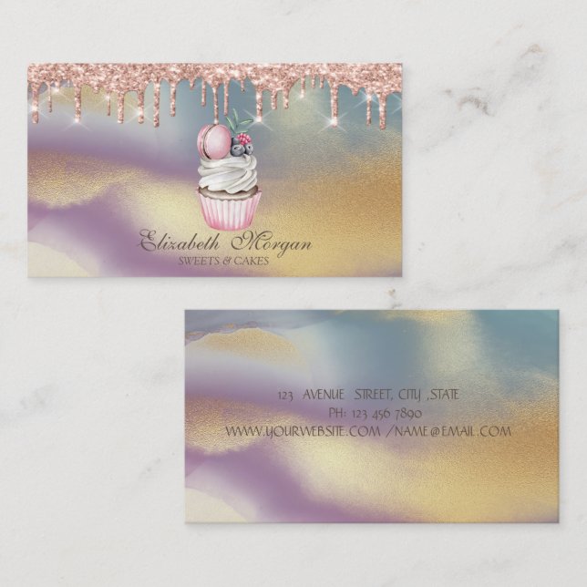 Cupcake Macaroon Rose Gold Drips,Bakery Colourful  Business Card (Front/Back)