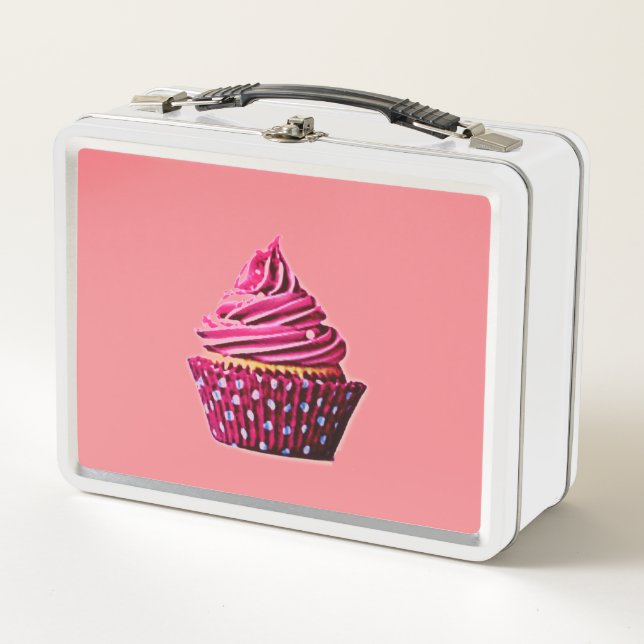 Cupcake metal lunch box /white and pink. (Front)