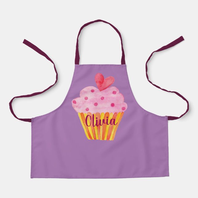 Cupcake NAME baking apron purple watercolor (Front)