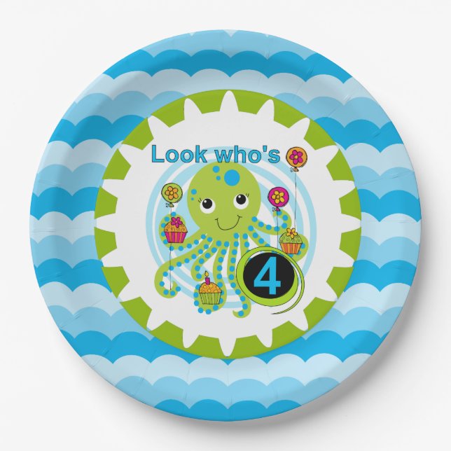 Cupcake Octopus 4th Birthday Paper Plates (Front)