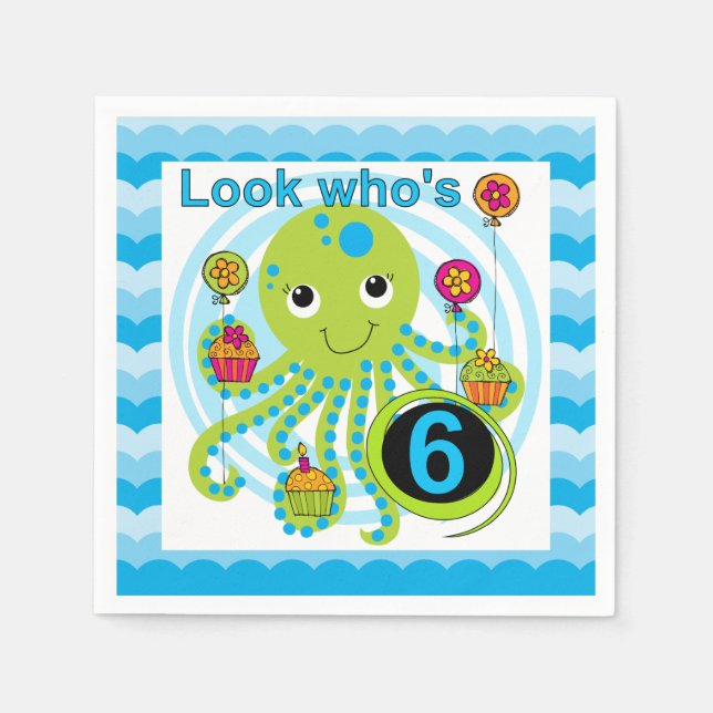 Cupcake Octopus 6th Birthday Paper Napkins (Front)