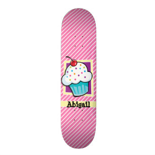 Cupcake on Pink & White Stripes Skateboard