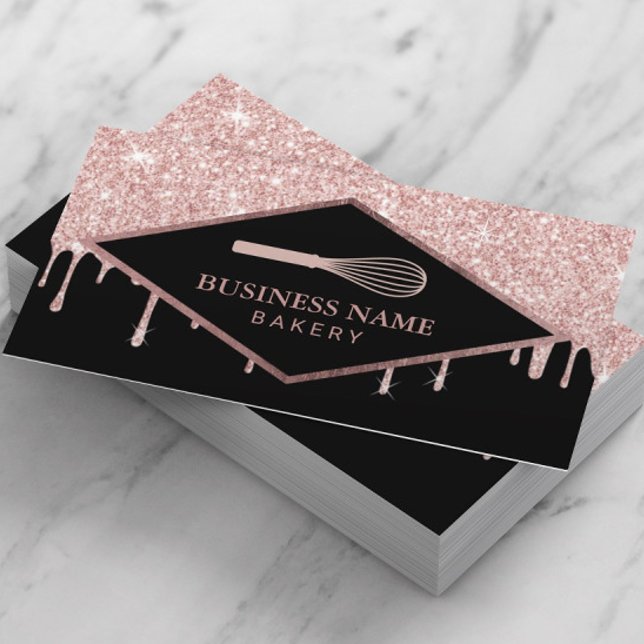 Cupcake Pastry Cake Bakery Whisk Rose Gold Drips Business Card (Creator Uploaded)