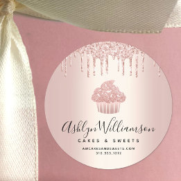Cupcake Pastry Chef Bakery Rose Gold Glitter Drips Classic Round Sticker