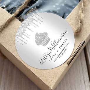 Cupcake Pastry Chef Bakery Silver Glitter Drips Classic Round Sticker