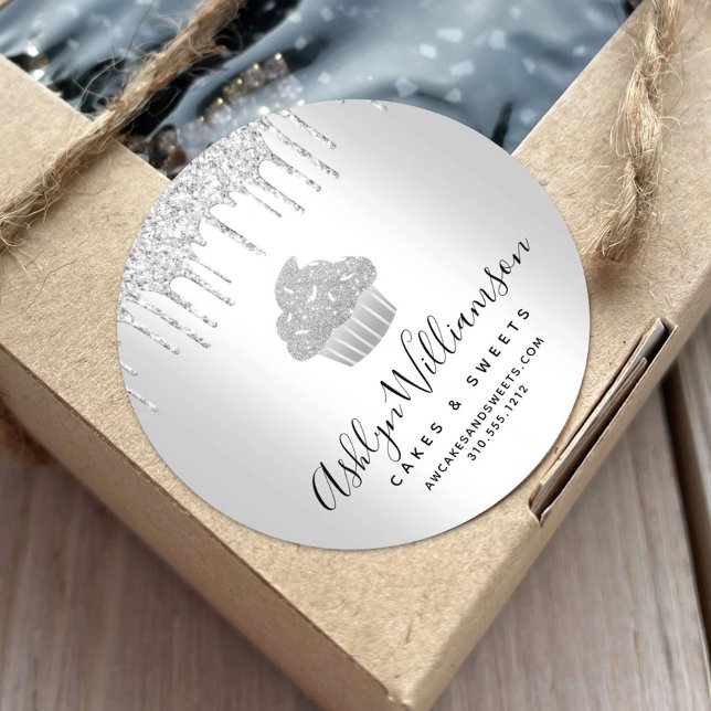 Cupcake Pastry Chef Bakery Silver Glitter Drips Classic Round Sticker (Creator Uploaded)