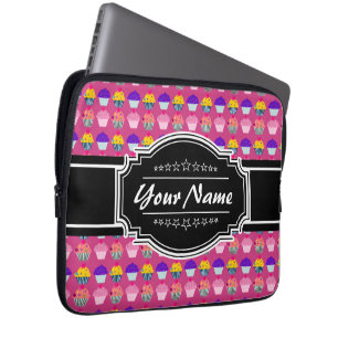 Cupcake Pattern Black Personalised Name Laptop Sleeve