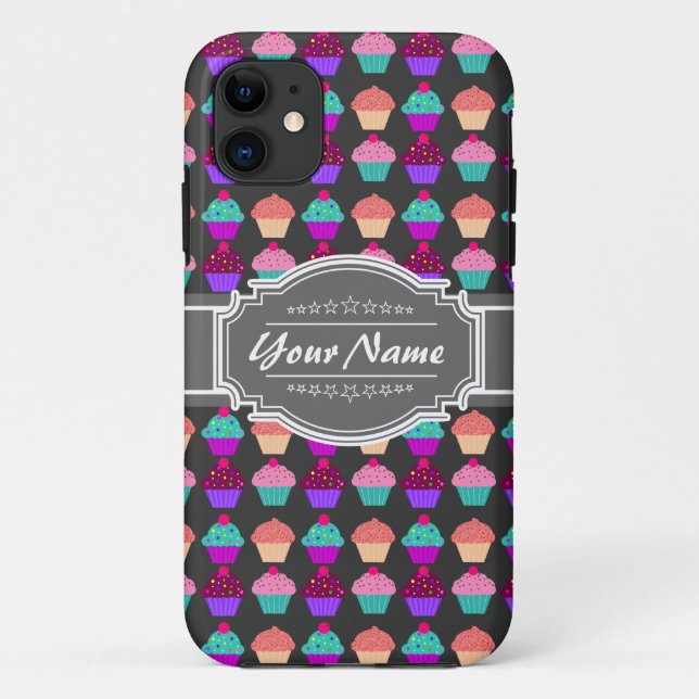 Cupcake Pattern Grey Personalised Name Case-Mate iPhone Case (Back)