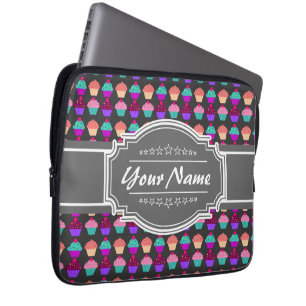 Cupcake Pattern Grey Personalised Name Laptop Sleeve