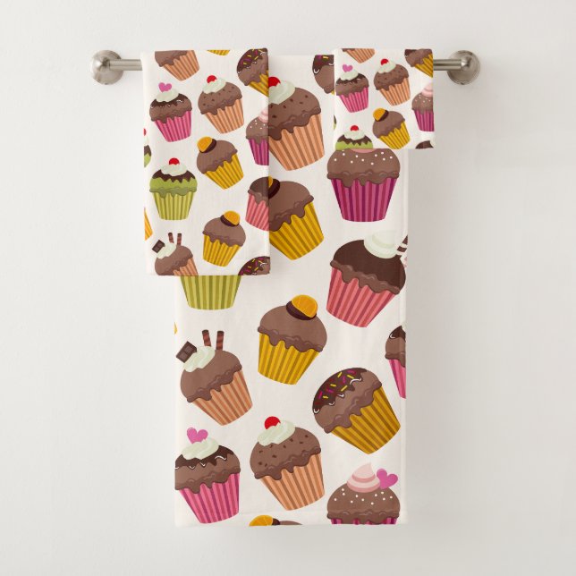 Cupcake Pattern, Muffin Pattern, Chocolate, Hearts Bath Towel Set (Insitu)
