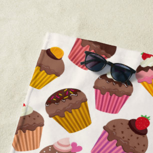 Cupcake Pattern, Muffin Pattern, Chocolate, Hearts Beach Towel