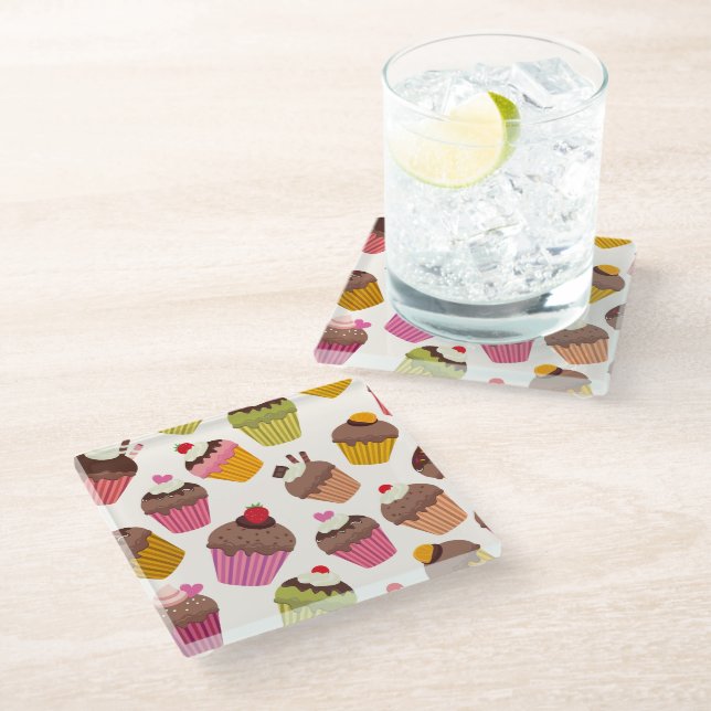 Cupcake Pattern, Muffin Pattern, Chocolate, Hearts Glass Coaster (Angled)