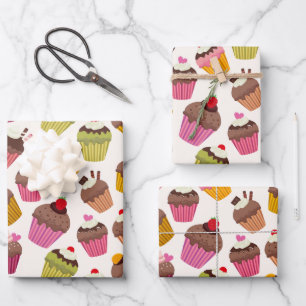 Cupcake Pattern, Muffin Pattern, Chocolate, Hearts Wrapping Paper Sheet