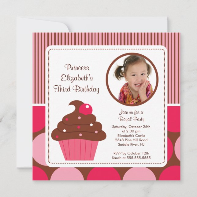 Cupcake Photo Birthday Invitation Cherry Pink Dots (Front)