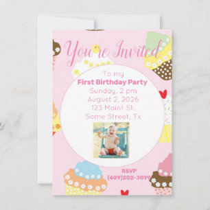 Cupcake Pink Birthday Photo Invitation