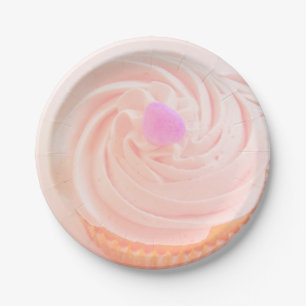 Cupcake pink frosting candy heart cute paper plate