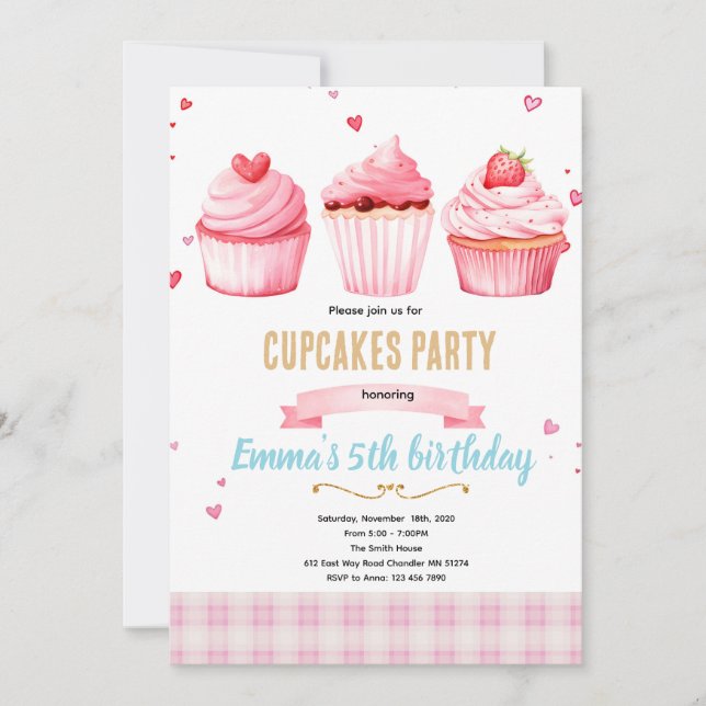 Cupcake pink party theme invitation (Front)