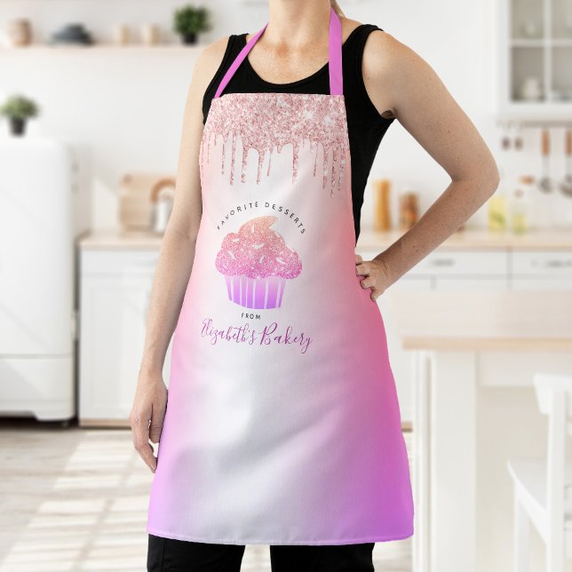 Cupcake Pink Rose Glitter Bakery Rainbow Ombre Apron (Creator Uploaded)