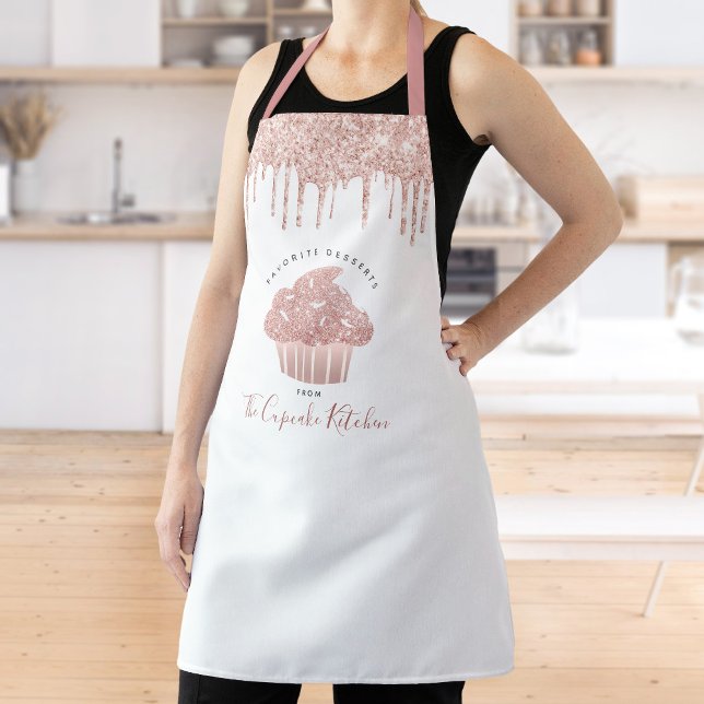 Cupcake Pink Rose Glitter Drips Bakery Pastry Chef Apron (Creator Uploaded)