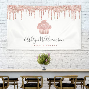 Cupcake Pink Rose Gold Glitter Drips Bakery Chef Banner