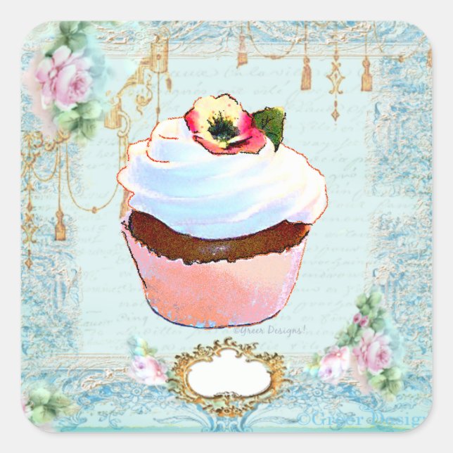 Cupcake & Pink Roses Lace Stickers Tags (Front)