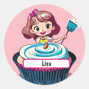 Cupcake Princess With Customisable Nametag Magnet Classic Round Sticker