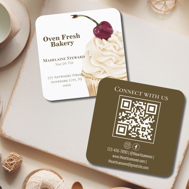 Cupcake QR Code Olive Green Bakery  Square Business Card (Creator Uploaded)